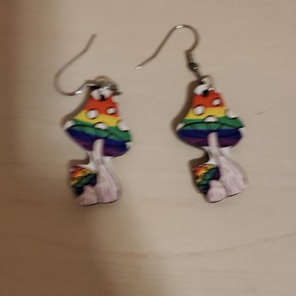 Pair of Wooden Rainbow Mushroom Earrings - Picture 1 of 3